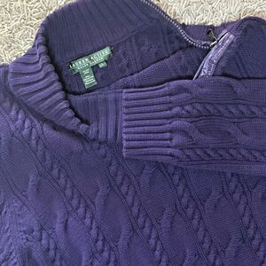 Lauren Ralph Lauren Active Purple CABLE Knit Chunky Cotton SWEATER Zipper Large